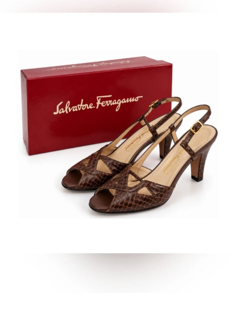 Vintage 80s Ferragamo Snakeskin Peep Toe Slingback Heels 7 Brown Mob Wife